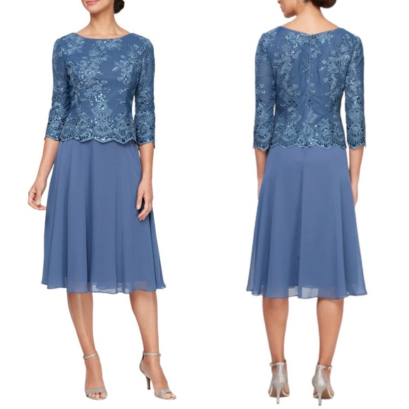 Alex Evenings 81171579 Mother of the Bride Tea Length Dress Vintage Blue - Picture 3 of 10